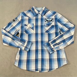 XRAY Jeans Men's Blue Plaid Casual Button Down Shirt, Snap Buttons, patches, XL